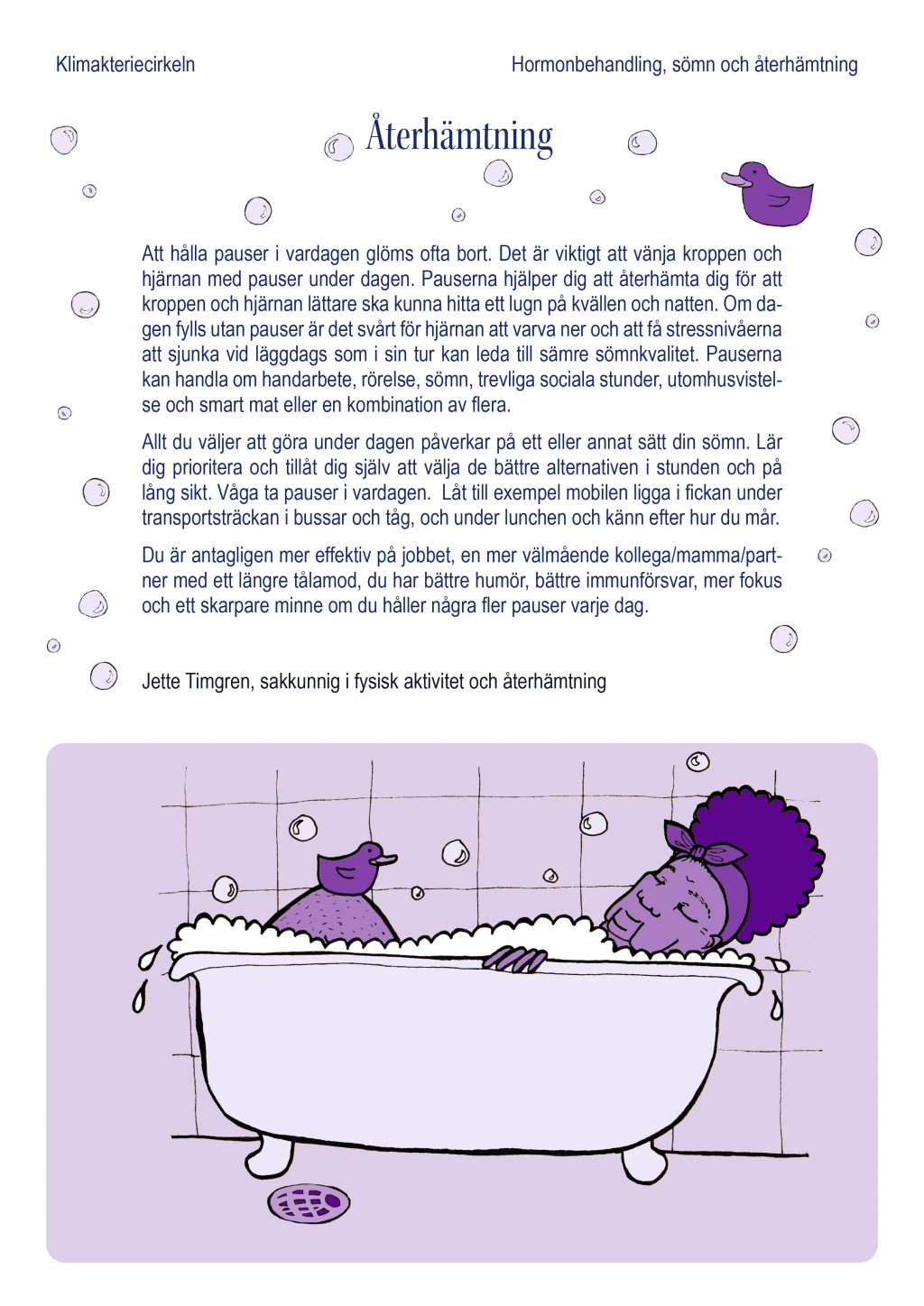 En pdf med text och bild av en kvinna som vilar i badet. 